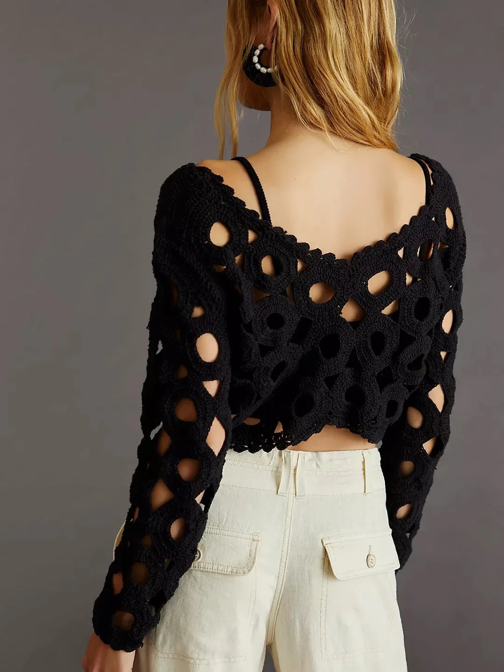 Anthropologie Maeve Cut-Out Crochet Crop Topper in Black One Size